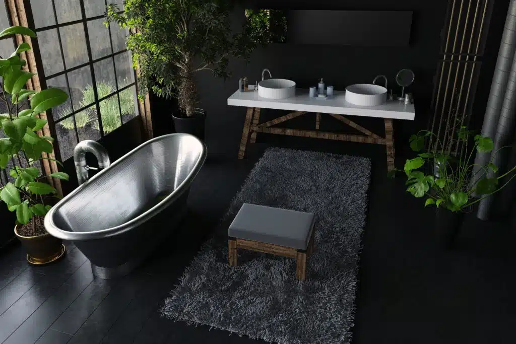 black wood flooring bathroom