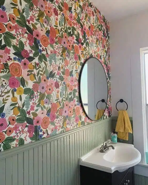 sage bathroom with floral wallpaper