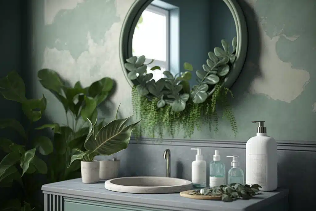 Bathroom with round mirror, tropical style and green plants, Home modern stylish bathroom interior