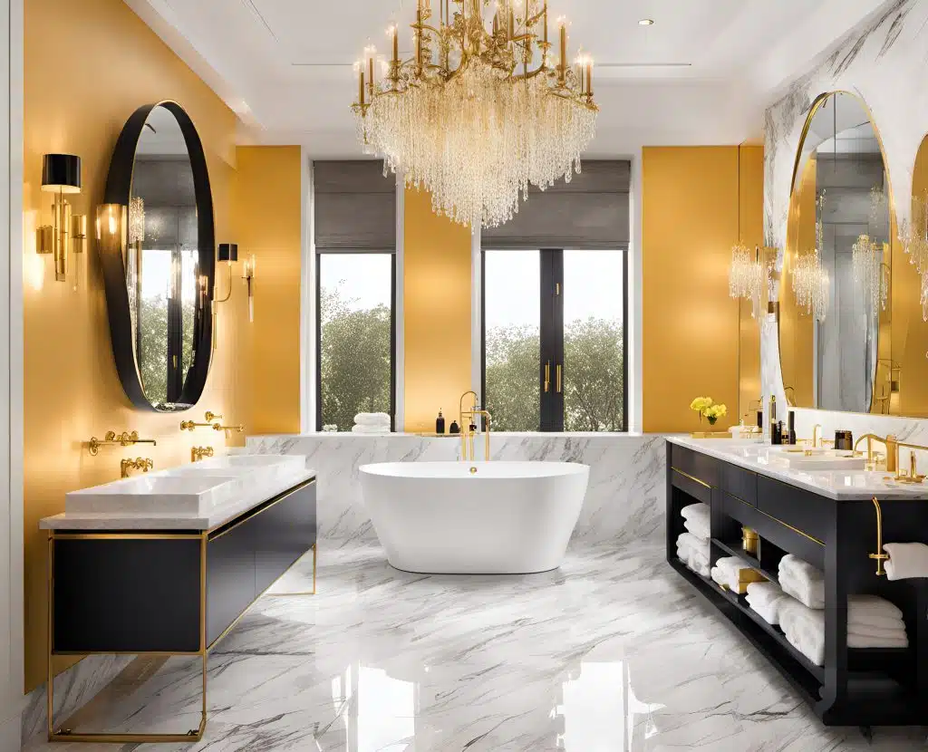 chandelier bathroom lighting Luxurious bathroom with freestanding bathtub, rain shower, heated flooring and  marble tiles