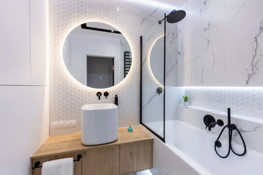 LED bathroom mirror ideas
Modern small bathroom interior design. Bright style