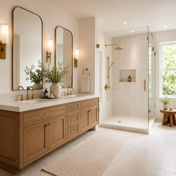 Modern bathroom remodel featuring a glass walk-in shower, custom vanity, and tiled flooring