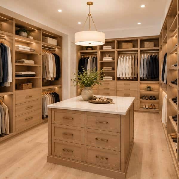 Custom walk-in closet with built-in shelving, drawers, and organized storage in a Northern Virginia home