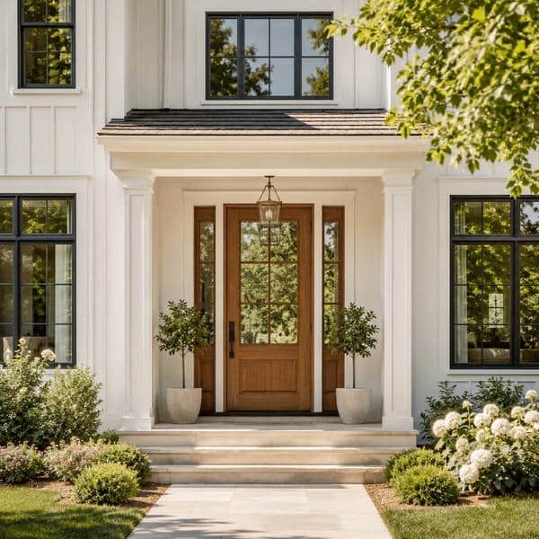 Newly installed energy-efficient windows and a stylish entry door on a remodeled home